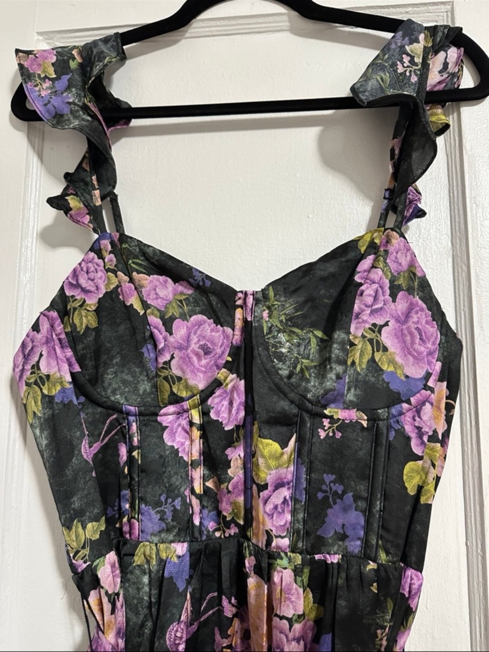 Lulu's Black Floral Ruffle-Striped Midi Dress with Purple and Pink Blooms - Picture 7 of 7